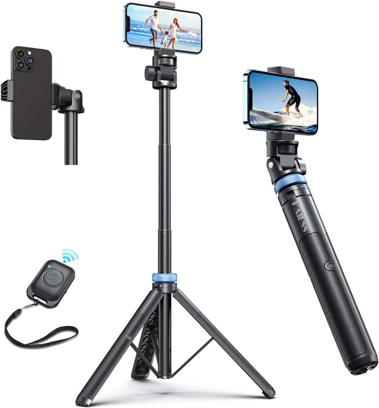 Kaiess 62″ Tripod for iPhone, Selfie Stick Tripod & Phone Tripod Stand with Remote, Cell Phone Tripod for iPhone, Extendable Travel Tripod Compatible with iPhone 15/14/13 Pro Max/Android